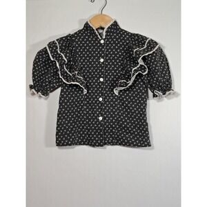 Vintage Montgomery Ward Kids Blouse Black Floral Calico Ruffle Lace Prairie Top